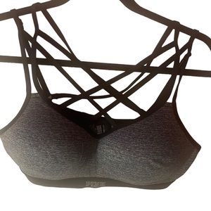 Pink ULTIMATE push up strappy adjustable gray sports bra size large
